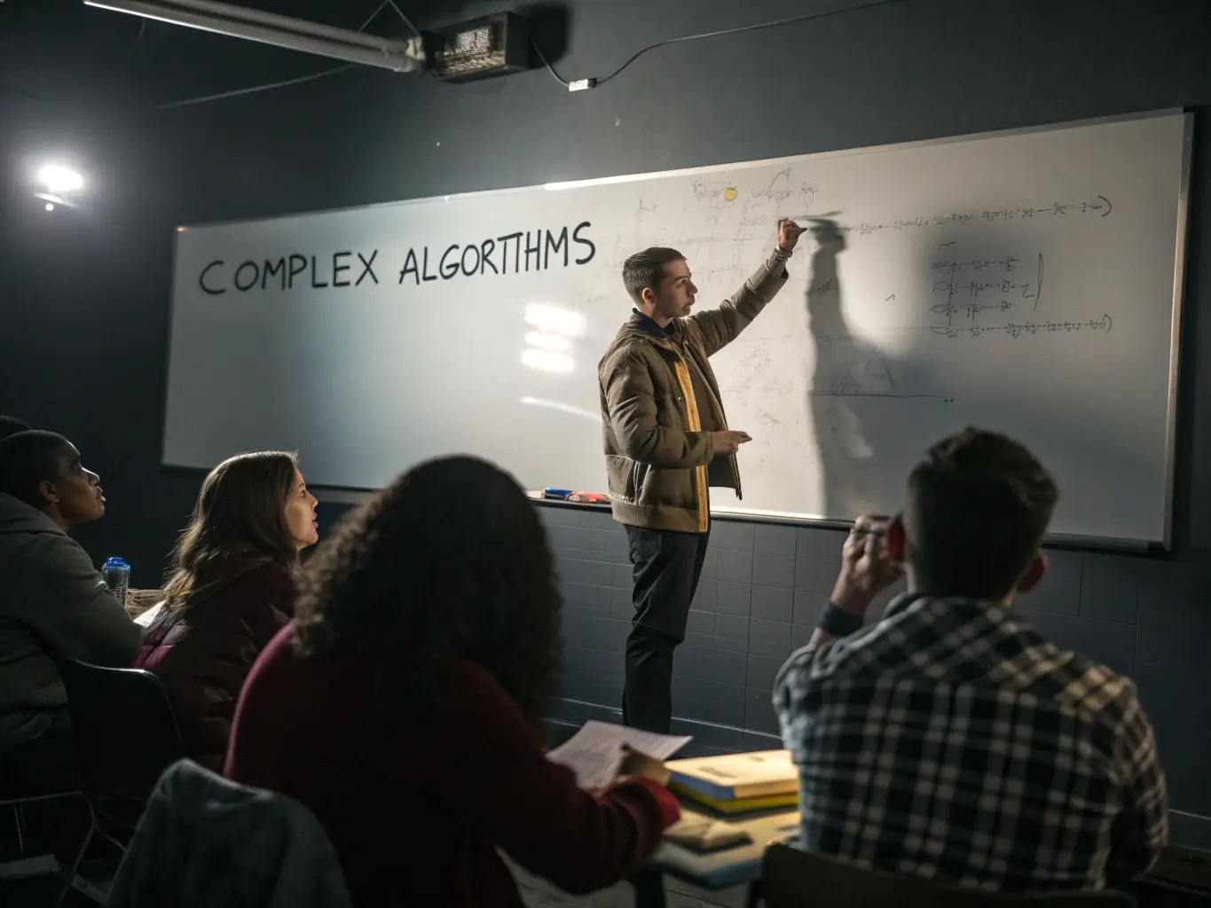 An instructor explaining complex coding concepts on a whiteboard during a live online session, with students actively participating and asking questions.