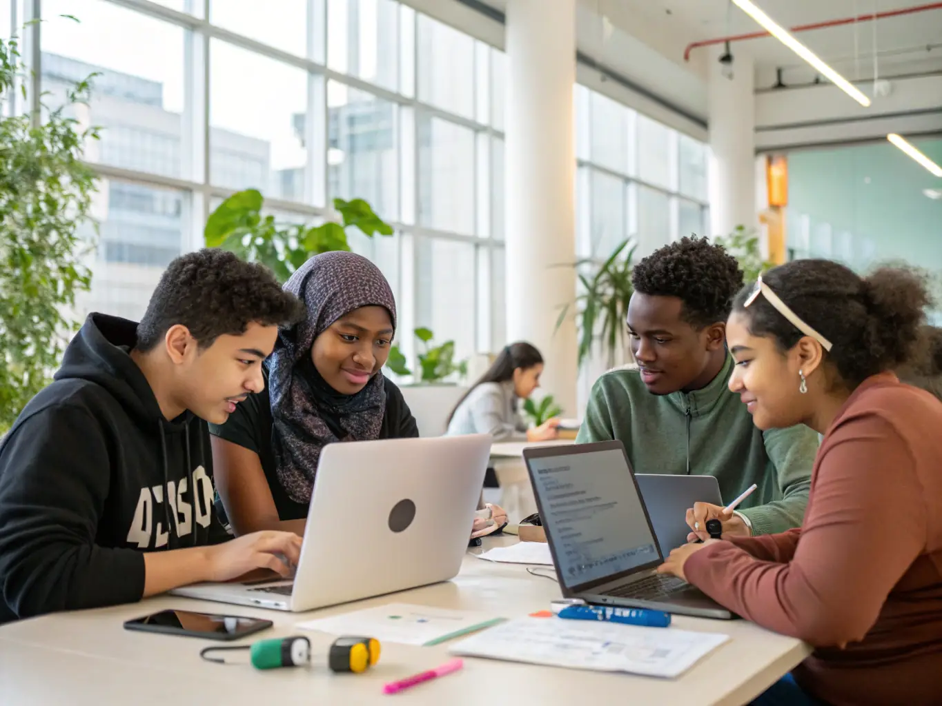 A diverse group of students collaborating on a coding project in a modern, well-lit classroom setting, with laptops displaying various lines of code and diagrams.